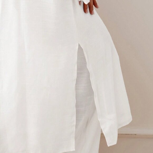 White Women's Side Slit Long Kimono Cover Up - Picture 3 of 6